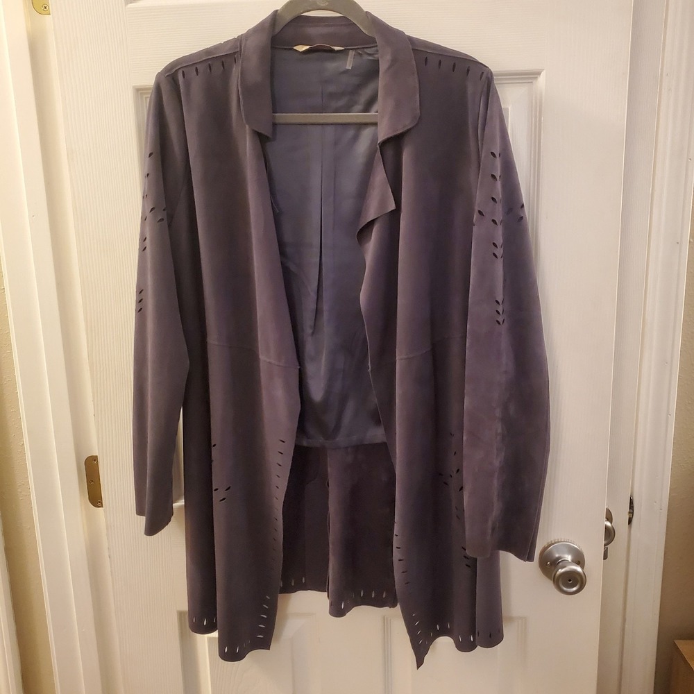 Soft Surroundings sz M open front long faux suede jacket gray/blue cutouts chic
